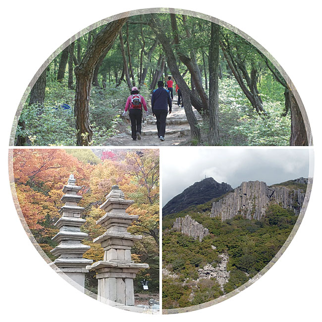 울산 남구 솔마루길, 광주광역시 무등산 서석대, 충남 계룡산 동학사 코스 중간의 남매탑. 솔마루길은 울창한 소나무 숲, 서석대는 암석이 석책을 두른 듯한 주상절리로 유명하다.(사진 위에서 시계방향으로). 울산시·광주시·국립공원 계룡산 관리사무소 제공