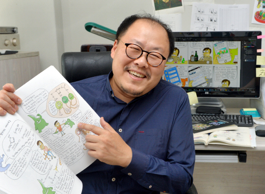 신인철 한양대 생명과학과 교수가 지난 18일 자연과학대 연구실에서 자신이 그린 만화교재 내용에 대해 설명하고 있다. 이전에는 종이에 펜으로 그려 스캔했지만, 요즘은 웹툰작가들이 쓰는 태블릿을 이용한다. 김낙중 기자 sanjoong@