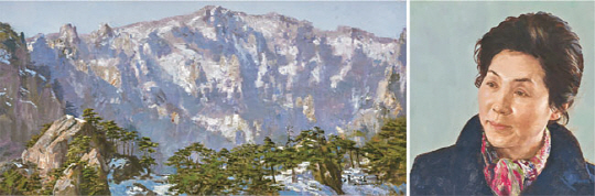 이원희 화백의 ‘설악 1701’(71×145.5㎝)과 ‘고두심 씨’(50×60.6㎝). 사실적이면서도 정감 넘치는 한국적 미감이 풍경화와 초상화에 모두 담겨 있다. 노화랑 제공
