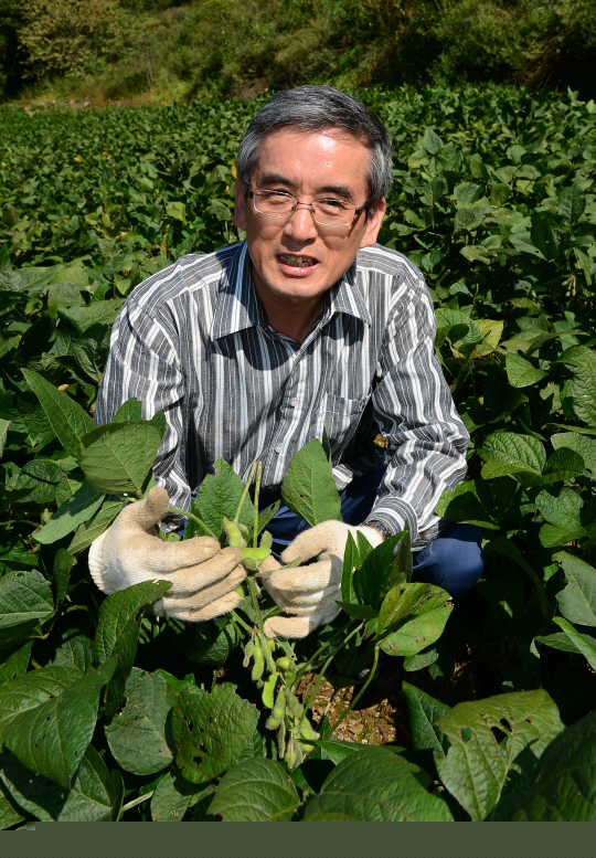 지난 13일 충북 옥천군 청성면 ‘태초 먹거리 학교’ 농장에서 이계호 교수가 자신이 직접 자연농법으로 지은 작물을 수확하며 몸에 좋은 식습관에 대해 설명하고 있다.  신창섭 기자 bluesky@