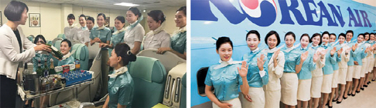 복직을 앞둔 대한항공 여직원들이 강서구 공항동 기내식 센터(왼쪽 사진)와 객실 훈련 센터(오른쪽 사진)에서 훈련을 받고 있다.  대한항공 제공