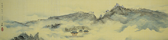 행촌문화재단의 풍류남도 아트 프로젝트 ‘수묵남도’전이 열리고 있는 미황사 자하루미술관에 걸린 이서 작가의 ‘달마산 미황사’. 삼베 위에 수묵담채로 그렸다.