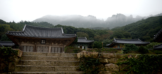 자하루로 오르는 계단을 딛고서 바라본 미황사 전경. 법당의 단청이 지워져 말갛게 세수한 듯 보인다. 촉촉한 가을비가 내리면서 절집 뒤의 달마산 암봉에 운무가 피어올랐다.