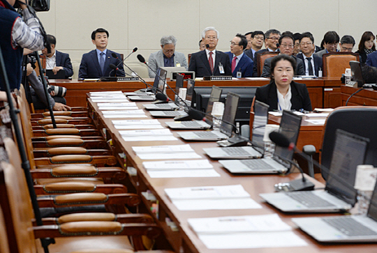 27일 오전 국회에서 열린 과학기술정보방송통신위원회의 방송문화진흥회에 대한 국정감사에서 고영주(피감기관 대표석 앞줄 가운데) 이사장이 개회를 기다리고 있다. 자유한국당의 국감 보이콧으로 왼쪽 자리는 비어있다. 김호웅 기자 diverkim@