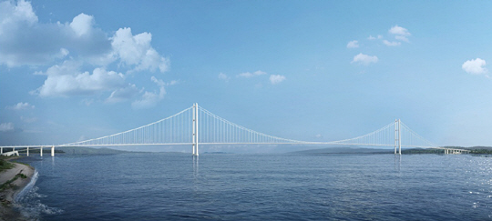 SK건설이 일본 업체를 제치고 수주해 지난 3월 18일 착공한 세계 최장 현수교 터키 다르다넬스 해협 차나칼레 대교 이미지.