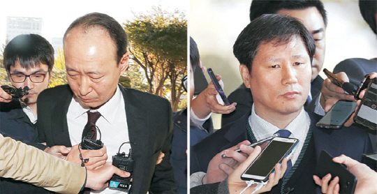 국가정보원의 특수활동비 청와대 상납 의혹과 관련해 긴급체포된 이재만(왼쪽 사진) 전 청와대 총무비서관과 안봉근 전 국정홍보비서관이 31일 오전 서초동 서울중앙지검에 들어서고 있다. 뉴시스·연합뉴스