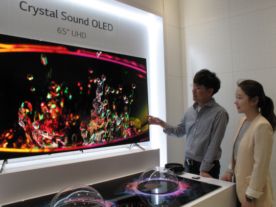 LG디스플레이가 지난 5월 미국 로스앤젤레스에서 열린 국제정보디스플레이학회 산업전시회에서 유기발광다이오드(OLED) 패널과 스피커를 하나로 결합한 ‘크리스털사운드 OLED’ 65인치 UHD 제품을 선보였다.   LG디스플레이 제공