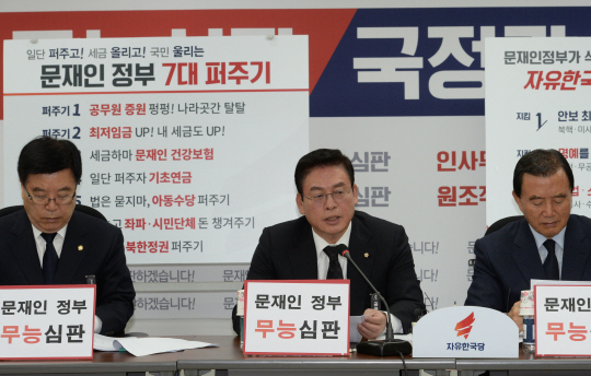 정우택(가운데) 자유한국당 원내대표가 2일 오전 국회에서 열린 원내대책회의에서 모두발언을 하고 있다.  김호웅 기자 diverkim@