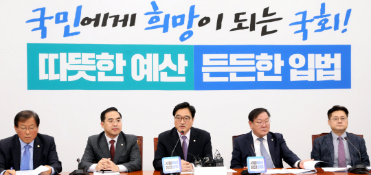 우원식(가운데) 더불어민주당 원내대표가 2일 오전 국회에서 열린 정책조정회의에서 모두발언을 하고 있다.  뉴시스