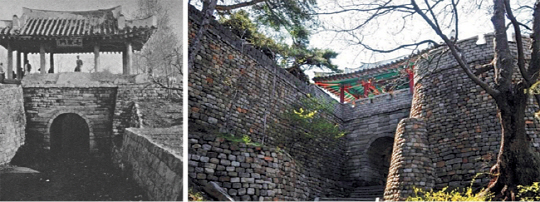 소설 ‘감자’의 주요 배경이 된 평양 칠성문 풍경. 1935년 촬영된 모습(왼쪽)과 최근 풍경(오른쪽)은 겉보기엔 다르지만, 일제강점기와 북한 전체주의 체제의 시대적 비극을 안고 있다는 점에서는 같다.  자료사진