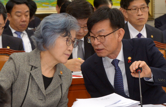 박은정(왼쪽) 국민권익위원장과 김상조 공정거래위원장이 27일 오전 국회에서 열린 정무위원회 전체회의에서 이야기를 나누고 있다. 김낙중 기자 sanjoong@