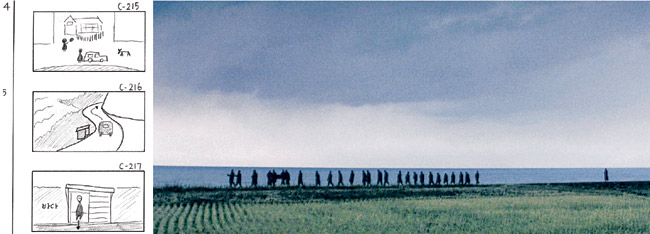 고레에다 히로카즈 감독의 데뷔작인 ‘환상의 빛’에서 수평선을 가로지르는 장례행렬과 그 뒤를 따라가는 주인공의 모습(오른쪽)을 가장 아름다운 장면으로 꼽을 수 있다. 고레에다 감독은 이 장면을 직접 그림 콘티(왼쪽)로 그렸다.