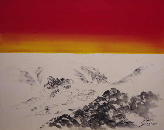 매일 매일의 일상이 지루하다. 똑같은 일상의 반복은 미소를 잃게 하고 뇌세포를 조금씩 다운시킨다. 마음을 편안히 가라앉히는 쉼터가 그립다. 2017년 작.  김영화 화백