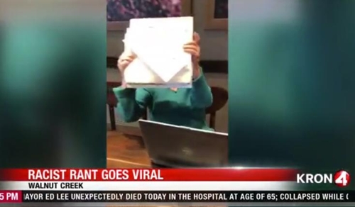 한인 학생들에게 인종혐오 발언하고 얼굴 가리는 백인 여성[현지 KRON 방송 화면 캡처]