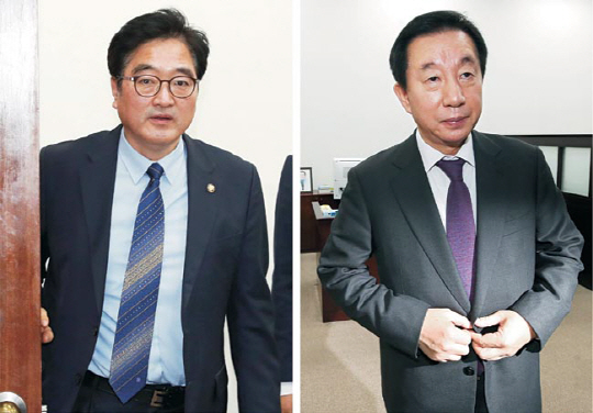 우원식(왼쪽) 더불어민주당 원내대표와 김성태 자유한국당 원내대표가 27일 국회에서 국회의장-3당 원내대표 미공개 회동을 마친 뒤 회의장을 나서고 있다. 뉴시스 연합뉴스