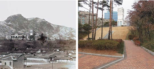 100여 년 전 러시아공사관(언덕 위 건물)과 정동 풍경. 러시아공사관 오른쪽 아래 한옥이 미국공사관이다. 오른쪽 사진은 구 러시아공사관의 현재 모습.