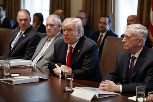 판문점 남북당국회담 직후인 지난 10일 도널드 트럼프(오른쪽 두 번째) 미국 대통령이 제임스 매티스(오른쪽) 국방장관과 렉스 틸러슨(〃세 번째) 국무장관 등과 워싱턴 백악관에서 각료회의를 열고 한반도 정세 등에 대해 논의하고 있다. AP연합뉴스