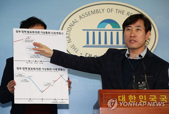 (서울=연합뉴스) 바른정당 하태경 의원이 19일 오전 국회 정론관에서 가상화폐 시장에서 정부가 개입해 시세 조작을 이끌었다는 주장을 하며 관련 증거를 공개하고 있다.
