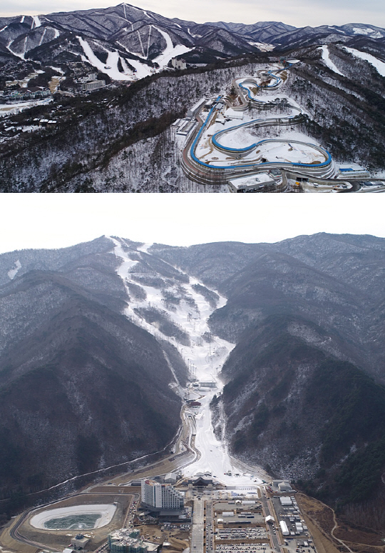 2018 평창동계올림픽 알파인스키 기술 종목인 회전, 대회전이 펼쳐지는 용평알파인경기장(위)과 스피드 종목인 활강과 슈퍼대회전, 복합이 열리는 정선알파인경기장(아래) 사진으로도 표고차가 확연히 느껴진다.  연합뉴스