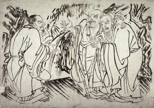 아시아세계의 철학은 인도와 중국 등 동북아의 철학으로 대별되며 불교, 유교, 도교를 빼놓고 말할 수 없다. 18세기 일본에서 그려진 ‘세 현인’이라는 제목의 그림으로 왼쪽부터 공자, 붓다, 노자를 담고 있다. 자료사진