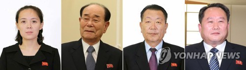 (서울=연합뉴스) 북한 김정은 노동당 위원장의 여동생 김여정 당 중앙위원회 제1부부장이 김영남 최고인민회의 상임위원장이 이끄는 북한의 평창동계올림픽 고위급대표단 단원으로 방남한다. 북한의 김씨 일가를 뜻하는 이른바 ‘백두혈통’의 일원이 남쪽 땅을 밟은 것은 김여정이 처음이다. 사진 왼쪽부터 김여정, 김영남, 국가체육지도위원장인 최휘 당 부위원장, 남북 고위급회담 단장인 리선권 조국평화통일위원회 위원장.