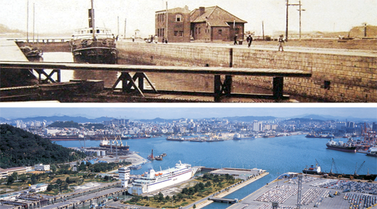1920년대 일본이 발행한 사진엽서에 담긴 초기 인천항 갑문(위 사진)과 1974년 2개의 갑문이 추가로 축조된 지금의 인천항 모습(아래).  인천시립박물관·인천항만공사 제공
