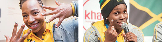 자메이카 봅슬레이 여자 2인승의 빅토리아 자즈민(왼쪽)이 평창선수촌에서 네일아트 서비스를 받은 뒤 손톱을 뽐내고 있다. 오른쪽은 캐리 러셀.    DPA 연합뉴스