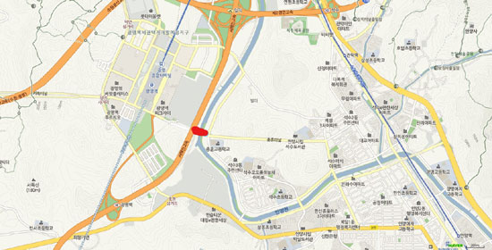 붉게 표시된 부분이 충훈대교 설치 구간임.
