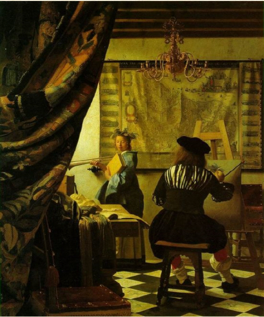 1665~1666년에 제작된 페르메이르의 ‘회화의 기술, 알레고리’. 자화상을 남기진 않았던 화가의 뒷모습 자화상으로 여겨진다.