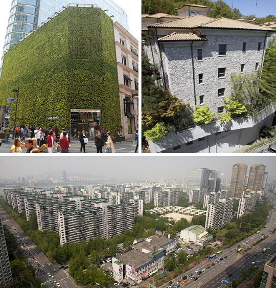 올해 서울 공동주택 공시가격이 11년 만에 최고치인 10.1% 상승하며 강남권을 중심으로 주택 보유자들의 보유세 부담도 커지게 됐다. 아래 큰 사진은 지난달 30일 오전 서울 송파구 잠실동 잠실주공 5단지 전경. 위 왼쪽 작은 사진은 15년째 가장 비싼 땅으로 꼽힌 서울 중구 명동 ‘네이처리퍼블릭 명동월드점’ 전경. 위 오른쪽 작은 사진은 13년째 가장 비싼 공동주택으로 선정된 서울 서초구 서초동 ‘트라움하우스 5차’ 전경.  연합뉴스 뉴시스