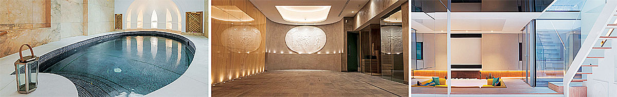 영국 런던 첼시 지하에 있는 화려한 수영장(왼쪽부터), 노팅힐 소재 빌라 지하의 고급 홀, 켄싱턴 지하의 호화 거실.  영국 가디언 캡처