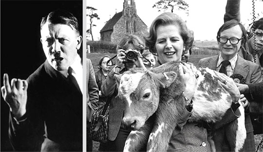 1930년대 카메라 앞에서 특유의 포즈를 취한 히틀러. 그는 미디어를 선거에 적극 활용했다(왼쪽 사진). 1979년 영국 총선 운동 당시 윌스햄에 방문해 병든 송아지를 안은 대처 총리. 그는 송아지에게 자신의 애칭인 ‘매기’라는 이름을 붙였다.  추수밭 제공