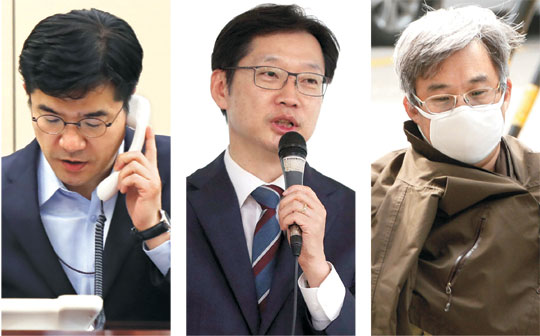 ‘민주당원 댓글조작 사건’ 파문이 21일 청와대로 확산하고 있다. 드루킹 김동원 씨와 대선 전 4차례 만난 것으로 밝혀진 송인배(왼쪽 사진) 청와대 제1부속비서관이 4월 20일 남북 정상 간 ‘핫라인’ 시험통화를 하고 있다. 역시 드루킹과의 연루 의혹을 받고 있는 김경수(가운데 〃) 전 더불어민주당 의원이 지난 15일 창원컨벤션센터에서 열린 한국여성경제인협회 경남지회 월례회에 참석, 인사말을 하고 있다. 사건의 주범 드루킹(오른쪽 〃)이 지난 11일 조사를 받기 위해 서울지방경찰청으로 들어서고 있다. 청와대 제공·연합뉴스·김선규 기자 ufokim@