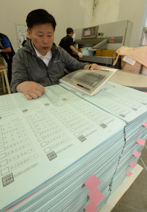 경기선거관리위원회 직원이 28일 오전 파주 출판단지 내의 한 인쇄업체에서 인쇄된 6·13지방선거 투표용지를 원본 필름과 비교하며 검수하고 있다.  김동훈 기자 dhk@