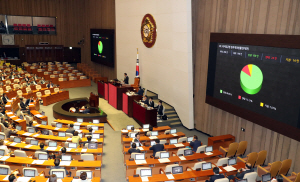 지난달 28일 국회가 본회의를 열고 최저임금 산입범위 조정을 골자로 한 최저임금법 개정안을 처리하고 있다. 국회의장석 옆 전광판에 법안이 가결됐음을 알리는 화면이 떠 있다.  연합뉴스