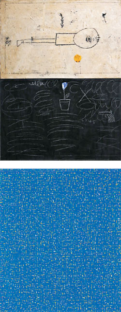 동심의 세계를 표현한 오세열 화백의 작품 ‘무제’(위· 혼합재료, 117×91㎝, 2017)와 바다의 파도를 형상화한 안영일 화백의 ‘Water G7’(101×86㎝, 캔버스 위에 오일, 2004). 갤러리 조은 제공