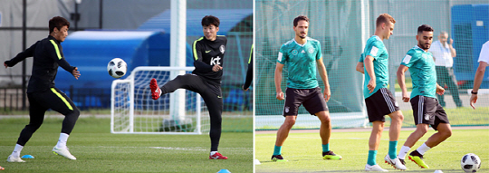 축구대표팀의 황희찬(왼쪽·잘츠부르크)과 고요한(FC서울)이 25일 밤(한국시간) 베이스캠프인 러시아 상트페테르부르크의 로모노소프 스파르타크스타디움에서 훈련하고 있다.(왼쪽 사진) 독일의 마츠 후멜스(왼쪽·바이에른 뮌헨)가 25일 밤(한국시간) 러시아 모스크바 근교 바투틴키의 CSKA스포츠단지에서 진행된 훈련에서 마티아스 긴터(가운데·묀헨글라트바흐)와 일카이 귄도안(오른쪽·맨체스터시티)이 볼을 다투는 모습을 바라보고 있다.  연합뉴스