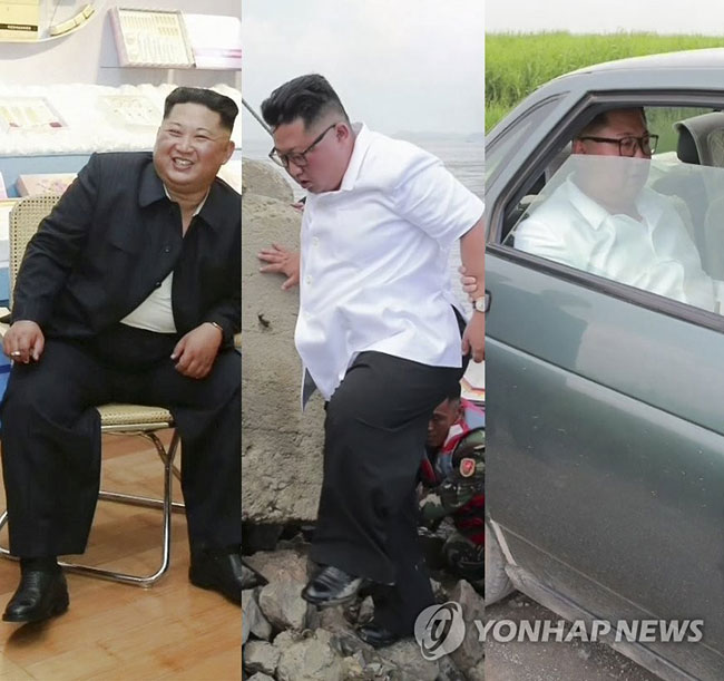 북한 매체들이 김정은 국무위원장의 현지시찰 소식을 보도하면서 그의 ‘소탈한 이미지’를 연일 강조해 눈길을 끈다. 김 위원장은 인민복 속에 입은 흰색 티셔츠가 보이는 채로 편안한 자세로 앉아 활짝 웃고 있는 모습(왼쪽부터)과 가파른 길을 올라 신도에 도착하는 모습(가운데)과 함께 현지에 도착한 뒤에도 다소 작고 낡은 승용차를 타고 이동하는 모습(오른쪽)을 전했다.