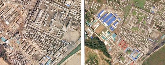 1일 공개된 상업용 위성사진 전문업체 플래닛 랩스가 촬영한 북한 함흥 미사일 제조공장의 4월 1일(왼쪽 사진)과 6월 29일 위성사진 모습. 4월까지는 보이지 않던 신규 건물들에 대한 외부공사가 미·북 정상회담을 전후해 진행돼 6월 말 현재 대부분 마무리된 모습이다. 월스트리트저널 홈페이지 캡처