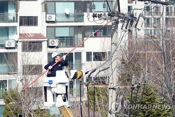 (인천=연합뉴스) 2일 오후 인천시 남동구 간석동의 한 도로에서 한국전력 남인천지사 직원들이 전신주에 있는 까치집을 제거하고 있다. 지난달 30일 전주에서는 전선에 있던 까치집 탓에 정전이 발생해 아파트 360여 가구에 50여분간 전기공급이 중단된 바 있다. 2016.3.2