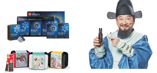 사진 왼쪽 위부터 시계방향으로 동원F&B의 ‘천지인 메가사포니아 씨케이 맥스’와 한국야쿠르트 ‘발효홍삼원기진액’, KGC 인삼공사의 ‘홍삼정 에브리타임 트래블에디션’.