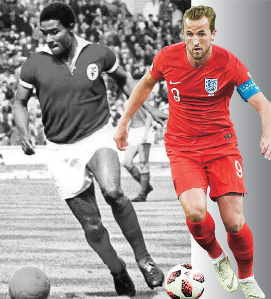 잉글랜드의 해리 케인(오른쪽)이 지난 4일(한국시간) 2018 러시아월드컵 콜롬비아와의 16강전에서 드리블하고 있다. 왼쪽은 ‘포르투갈의 전설’ 에우제비우.