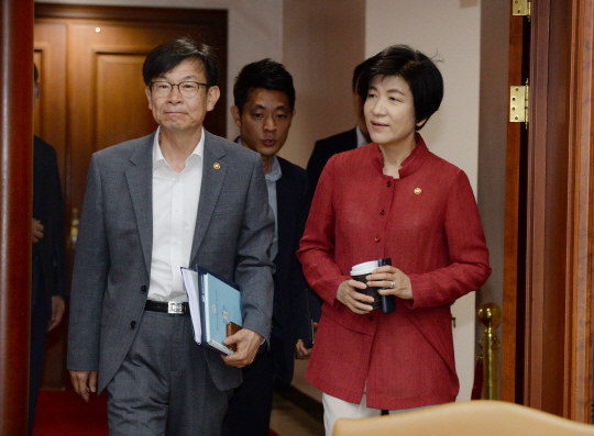 김상조(왼쪽) 공정거래위원장과 김영주 고용노동부 장관이 18일 오전 서울 종로구 정부서울청사에서 열린 국정현안점검조정회의에 참석하기 위해 회의장으로 들어서고 있다.