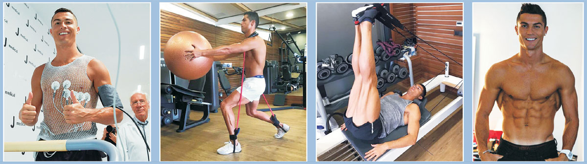 크리스티아누 호날두가 지난 16일 이탈리아 토리노에서 입단 메디컬 테스트를 치르고 있다(왼쪽 사진). 메디컬 테스트에서 33세인 호날두의 신체 나이는 20세인 것으로 확인됐다. 호날두는 평소 꾸준한 개인 훈련으로 몸을 다듬으며, 마치 조각한 듯 선명한 식스팩을 자랑한다.  유벤투스 트위터·크리스티아누 호날두 페이스북