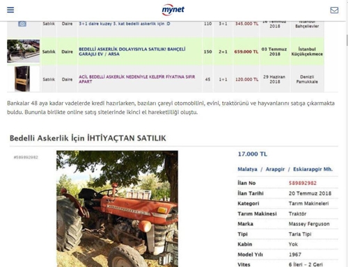 “군면제 자금 필요해 급히 팝니다”…터키 거래중개사이트 급매물 쇄도 [터키 뉴스포털 마이네트 캡처]