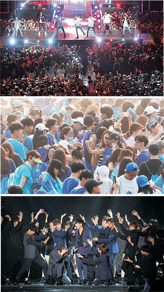 아이돌 콘서트 스탠딩석은 입장 대기 시간까지 포함해 5∼6시간 이상 서 있어야 하는 경우가 많다. 아티스트와 관객의 거리를 좁히기 위해 마련된 것이지만 폭염에서는 탈진·탈수 등의 위험이 있으므로 대기 장소나 입장 속도 등을 개선해야 한다는 목소리가 높다. 사진은 위쪽부터 K-팝, 싸이, 비투비 콘서트 모습.  연합뉴스