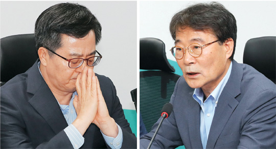 김동연(왼쪽 사진) 부총리 겸 기획재정부 장관과 장하성 청와대 정책실장이 19일 서울 영등포구 여의도동 국회 의원회관에서 열린 고용상황과 관련, 긴급 당정청 회의에 참석하고 있는 모습.  연합뉴스