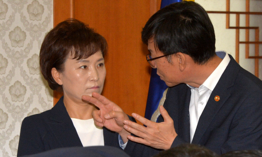 김현미(왼쪽) 국토교통부 장관과 김상조 공정거래위원장이 6일 오전 서울 종로구 정부서울청사에서 열린 국정현안점검회의에 앞서 대화를 나누고 있다.