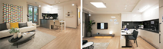 포스코건설이 인천 연수구 송도국제도시에서 분양하고 있는 오피스텔과 상업시설 복합단지인 ‘송도 더샵 트리플타워’의 59㎡ D타입(왼쪽 사진)과 59㎡ E타입 내부 모습. 포스코건설은 21∼59㎡ 이르는 다양한 면적대의 오피스텔에 침실과 주방, 거실 공간 구획이 가능한 슬라이딩 도어 등 다양한 특화설계를 적용했다고 밝혔다. 포스코건설 제공