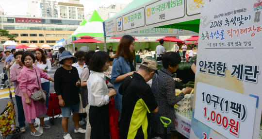 18일 오전 서울 강남구청 주차장에서 열린 ‘2018 추석맞이 농축수산물 직거래 장터’에서 주민들이 안전한 계란을 싼값에 사고 있다.  김선규 기자 ufokim@